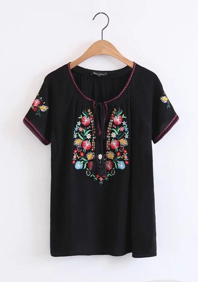 Black Embroidery Drawstring Tassel V-neck Bohemian Mexican Cute Blouse