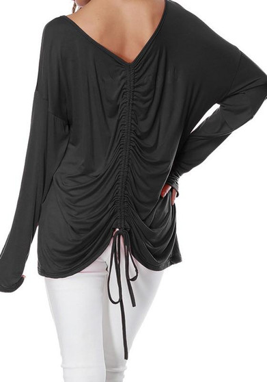 Black Drawstring Round Neck Long Sleeve Casual T-Shirt