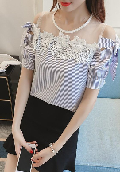 Blue Striped Lace Grenadine Bow Round Neck Sweet Blouse