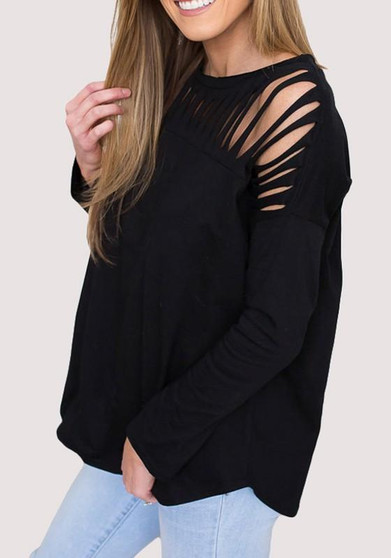 Black Cut Out Round Neck Long Sleeve Fashion T-Shirt