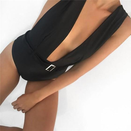Black Irregular Plunging Neckline Sexy Slim Thin Swimwear