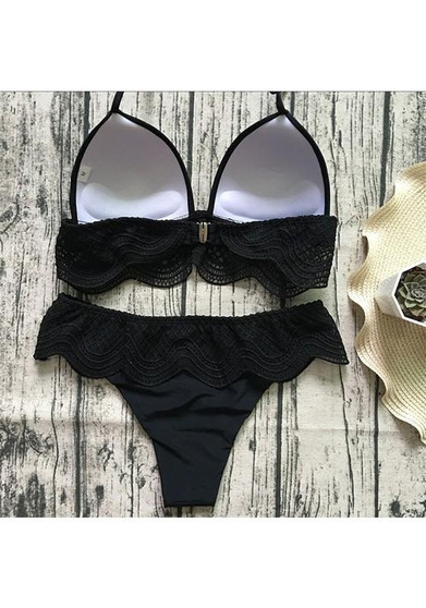 Black Patchwork Lace Cut Out Tie Back 2-in-1 V-neck Fashion Swimwear