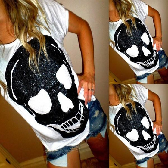 White Skull Print Round Neck Short Sleeve Casual T-Shirt