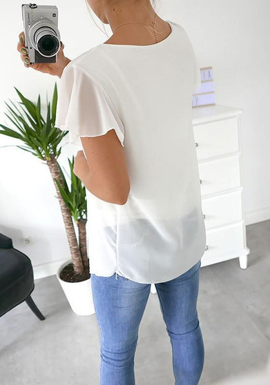White Studded Round Neck Short Sleeve Casual T-Shirt