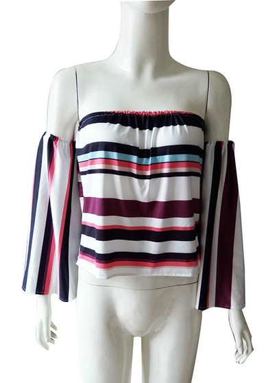 White Striped Print Boat Neck Elbow Sleeve Casual T-Shirt