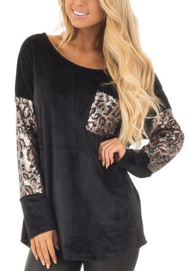 Black Patchwork Leopard Sequin Pockets Round Neck Long Sleeve Fashion T-Shirt