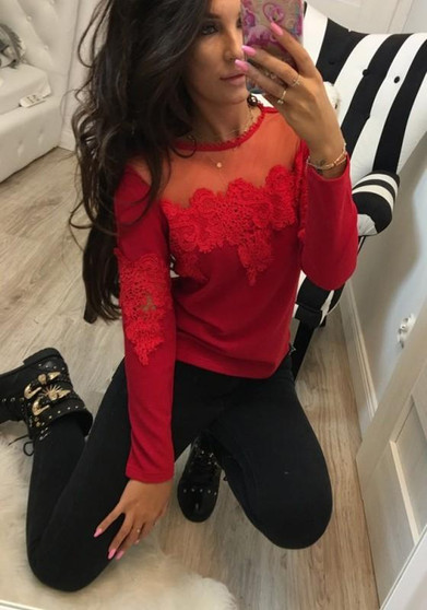Red Patchwork Lace Grenadine Round Neck Sweet Blouse