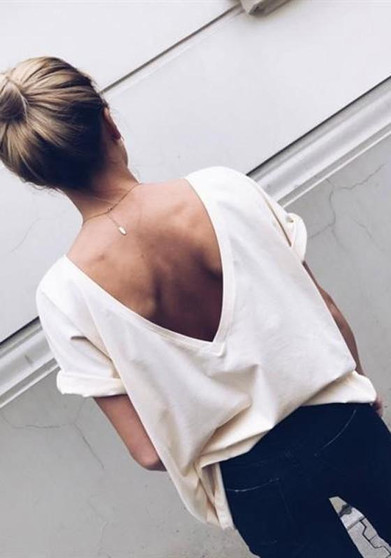 White Backless Round Neck Short Sleeve Casual T-Shirt