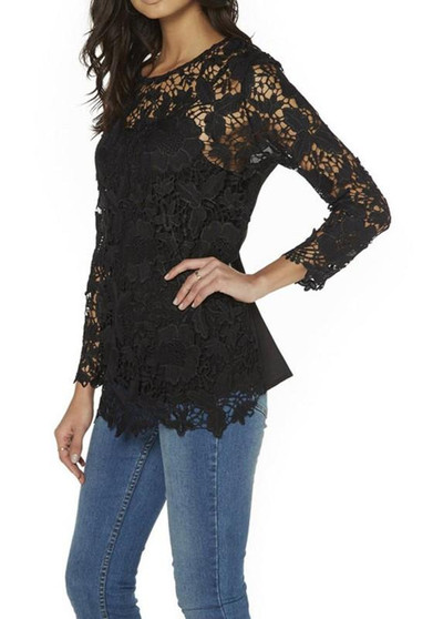 Black Floral Cut Out Irregular Long Sleeve Fashion T-Shirt