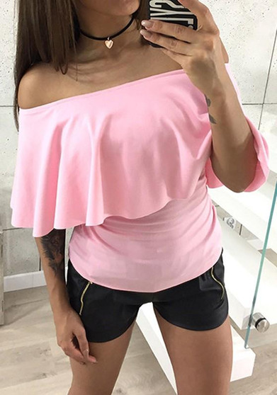 Pink Peplum Ruffle Boat Neck Elbow Sleeve Fashion T-Shirt