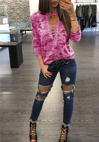 Pink Camouflage Print Drawstring V-neck Long Sleeve Casual T-Shirt