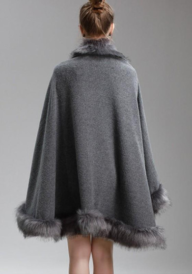 Grey Patchwork Faux Fur Oversize Fur Collar Fashion Cape Coat