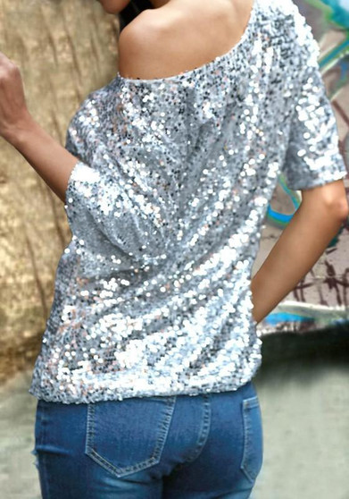Silver Patchwork One-shoulder Sequin Round Neck Elbow Sleeve Clubwear NYE Party Top T-Shirt