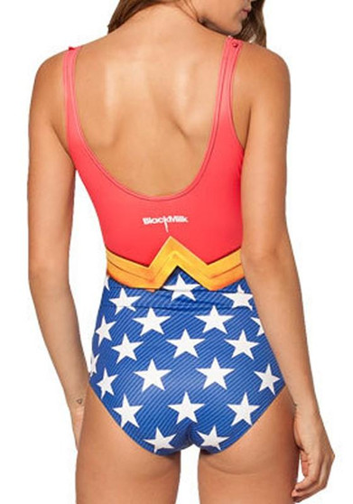 Multicolor Patchwork Superwomen Print Spaghetti Straps Backless One Piece Fashion Swimwear