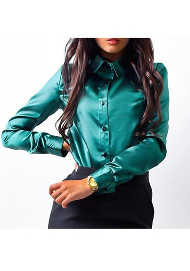 Green Single Breasted Turndown Collar Long Sleeve Blouse