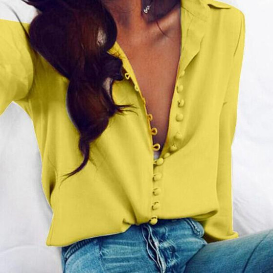 Yellow Single Breasted Turndown Collar Long Sleeve Casual Blouse