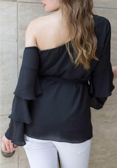 Black Cascading Ruffle Sashes Asymmetric Shoulder Backless Chiffon Blouse