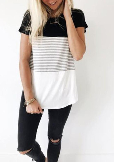 Black-White Patchwork Striped Round Neck Short Sleeve Casual T-Shirt