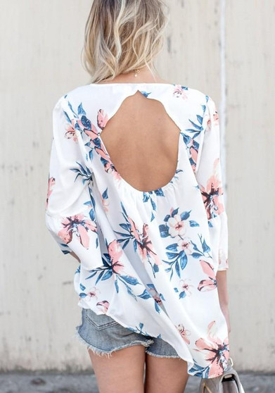 White Floral Print Cut Out Backless Deep V-neck Going out T-Shirt