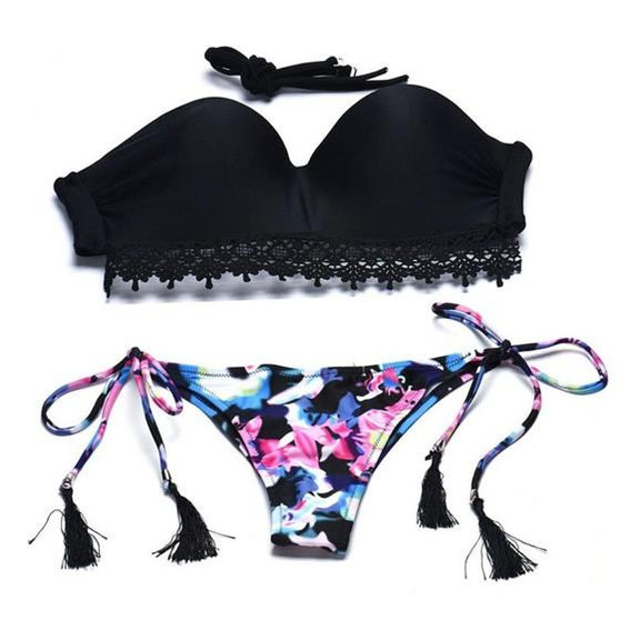 Black Floral Patchwork Lace Drawstring 2-in-1 Bandeau Swimwear