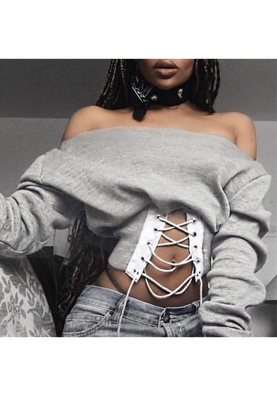 Grey Cut Out Lace-up Off Shoulder Long Sleeve Fashion T-Shirt