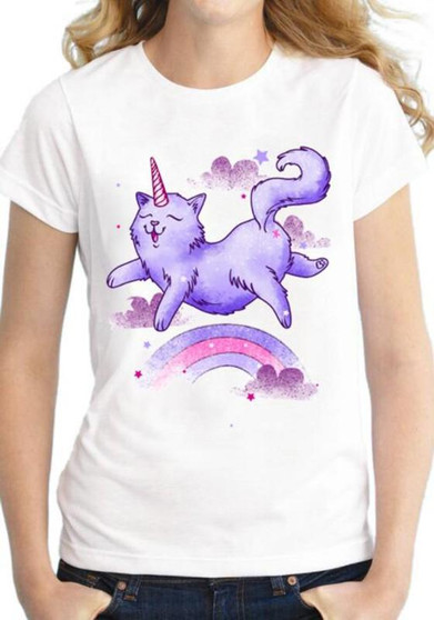 White Unicorn Print Round Neck Short Sleeve Casual T-Shirt