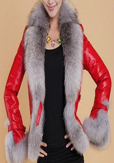 Red Patchwork Faux Fur Long Sleeve Jacket Coat