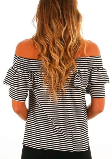 Black-White Striped Ruffle Off Shoulder Backless Sweet Going out T-Shirt