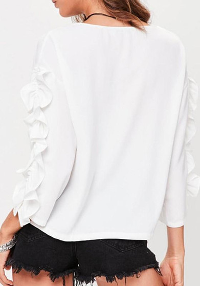 White Cascading Ruffle Round Neck Long Sleeve Fashion Blouse