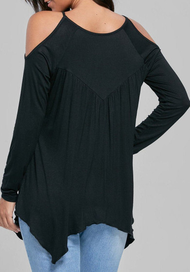 Black Patchwork Irregular Long Sleeve Casual T-Shirt
