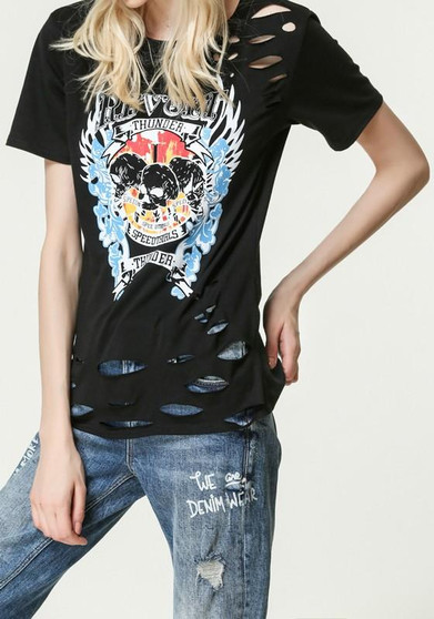 Black Skull Cut Out Round Neck Short Sleeve Casual T-Shirt