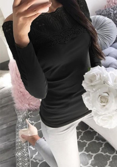 Black Plain Lace Boat Neck Long Sleeve Casual T-Shirt