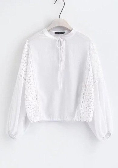 White Patchwork Drawstring Cut Out V-neck Long Sleeve Fashion Blouse