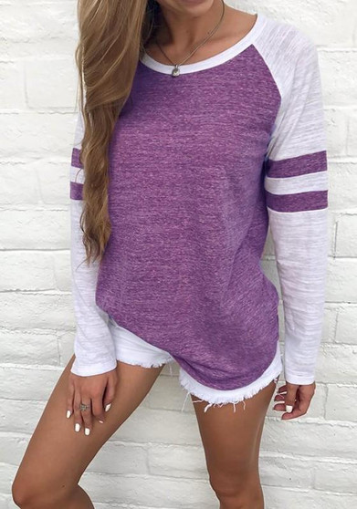Purple Striped Print Round Neck Long Sleeve Casual T-Shirt