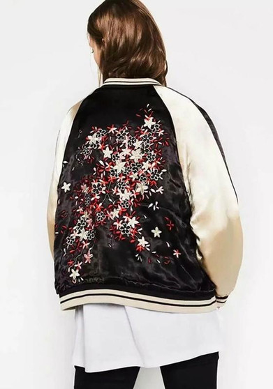 Black Floral Patchwork Embroidery Zipper Pockets Comfy Long Sleeve Coat