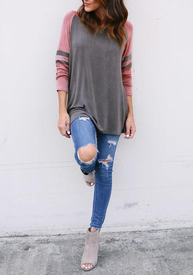 Grey-Pink Patchwork Round Neck Long Sleeve Loose Casual T-Shirt