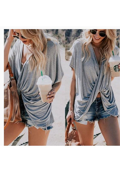 Grey Ruffle V-neck Short Sleeve Casual T-Shirt