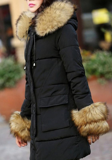 Black Pockets Fur Zipper Hooded Long Sleeve Fashion Outerwear