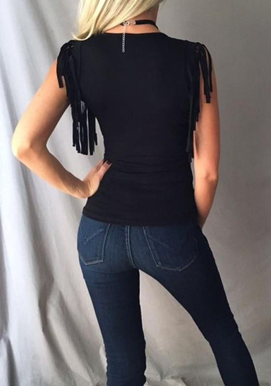 Black Plain Tassel Scoop Neck Sleeveless Casual T-Shirt