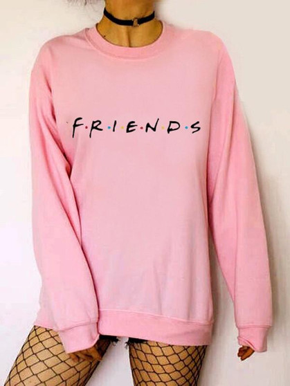 New Pink Monogram Print Round Neck Long Sleeve Casual Sweatshirt
