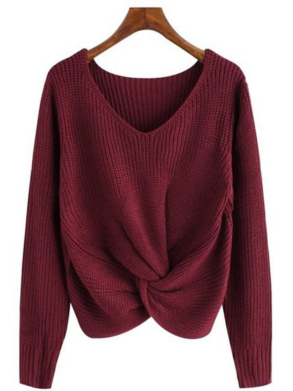 New Red One Shoulder Irregular V-neck Long Sleeve Casual Pullover Sweater