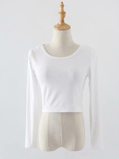 New White Cut Out Round Neck Long Sleeve Fashion T-Shirt