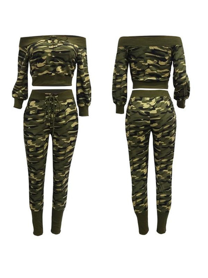 Camouflage Off Shoulder Lace-up Pockets Two Piece Long Sleeve High Waisted Casual Long Jumpsuit