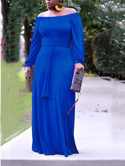 Blue Pleated Off Shoulder Belt Long Sleeve Party Maxi Dress