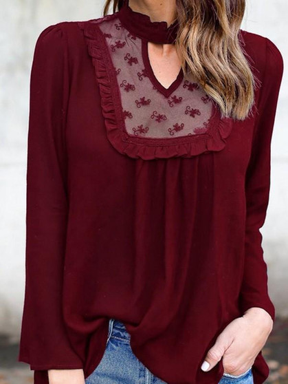 Red Patchwork Lace Cut Out Band Collar Long Sleeve Blouse