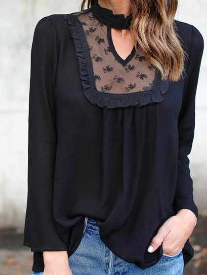 Black Patchwork Lace Cut Out Band Collar Long Sleeve Blouse