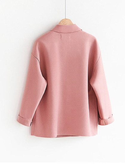 Pink Pockets Buttons Turndown Collar Long Sleeve Wool Coat