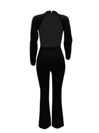 Black Patchwork Cut Out Backless Long Sleeve Round Neck Long Jumpsuit Pants
