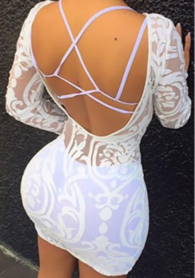 White Floral Embroidery Backless Round Neck Long Sleeve Mini Dress