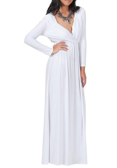White Draped V-neck Long Sleeve Plus Size Casual Maxi Dress
